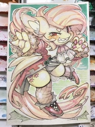 Size: 958x1280 | Tagged: safe, artist:mosamosa_n, character:flutterbat, character:fluttershy, species:anthro, species:bat pony, g4, alternate cutie mark, bat ponified, clothing, female, fishnets, looking at you, mare, nails, race swap, shoes, smiling, solo, traditional art