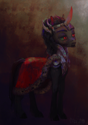 Size: 600x849 | Tagged: safe, artist:wolfiedrawie, character:king sombra, species:pony, species:unicorn, armor, beard, cape, clothing, crown, curved horn, facial hair, jewelry, male, regalia, sideburns, solo, stallion