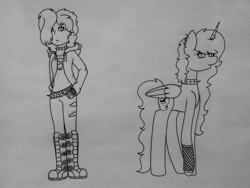 Size: 1600x1200 | Tagged: safe, artist:midnightamber, oc, oc:midnight, self insert, species:alicorn, species:human, species:pony, alicorn oc, belt, boots, choker, clothing, ear piercing, earring, eyebrow piercing, female, goth, hoodie, jeans, jewelry, lineart, mare, pants, piercing, shoes, sketch, spiked choker, torn clothes, traditional art