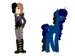 Size: 1600x1200 | Tagged: safe, artist:icey-wicey-1517, artist:midnightamber, oc, oc:midnight, self insert, species:alicorn, species:human, species:pony, alicorn oc, belt, boots, choker, clothing, colored, dyed hair, dyed mane, ear piercing, earring, eyebrow piercing, female, goth, hoodie, jeans, jewelry, mare, pants, piercing, shoes, simple background, spiked choker, torn clothes, transparent background