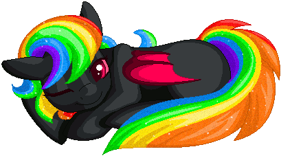 Size: 425x230 | Tagged: safe, artist:gleamydreams, oc, oc:noodle, species:bat pony, animated, bat pony oc, blinking, curled up, magenta eyes, one eye closed, pixel art, prone, rainbow hair, simple background, solo, transparent background, wink, ych result
