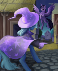 Size: 600x733 | Tagged: safe, artist:adeptus-monitus, artist:sa1ntmax, character:trixie, character:twilight sparkle, character:twilight sparkle (alicorn), species:alicorn, species:pony, species:unicorn, cape, clothing, collaboration, flying, hat, spread wings, trixie's cape, trixie's hat, trixie's wagon, wings