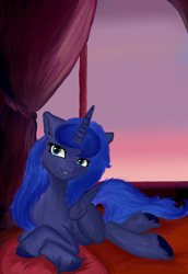 Size: 1100x1600 | Tagged: safe, artist:php97, character:princess luna, species:alicorn, species:pony, bed, female, looking at you, night, solo, unshorn fetlocks