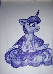 Size: 1706x2382 | Tagged: safe, artist:php97, character:princess luna, species:alicorn, species:pony, ballpoint pen, cloud, cute, drawing, female, ink drawing, mare, monochrome, moon, simple background, sitting, solo, traditional art, white background