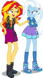 Size: 992x1800 | Tagged: safe, artist:seahawk270, character:sunset shimmer, character:trixie, equestria girls:forgotten friendship, g4, my little pony: equestria girls, my little pony:equestria girls, boots, clothing, crossed arms, geode of empathy, high heel boots, hoodie, one eye closed, open mouth, simple background, skirt, socks, transparent background, vector