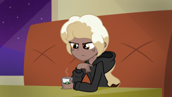 Size: 8333x4688 | Tagged: safe, artist:besttubahorse, oc, oc only, oc:sweet mocha, my little pony:equestria girls, absurd resolution, clothing, cocked eyebrow, coffee cup, cup, equestria girls-ified, female, freckles, hoodie, night, sitting, solo, unamused, vector