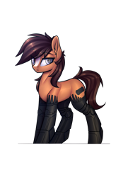Size: 1793x2480 | Tagged: safe, artist:justafallingstar, oc, oc only, oc:wireless fuzz, species:earth pony, species:pony, amputee, augmented, biohacking, cyborg, female, looking at you, mare, prosthetic limb, prosthetics, simple background, solo, standing, transparent background