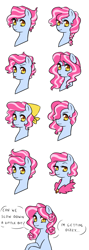 Size: 900x2518 | Tagged: safe, artist:pikokko, oc, oc only, oc:cotton candy, parent:pinkie pie, parent:pokey pierce, parents:pokeypie, species:earth pony, species:pony, kilalaverse, alternate hairstyle, bust, female, mane swap, mare, next generation, offspring, simple background, solo, tongue out, white background