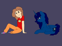 Size: 1600x1200 | Tagged: safe, artist:icey-wicey-1517, artist:midnightamber, oc, oc:midnight, self insert, species:alicorn, species:human, species:pony, alicorn oc, blue background, clothing, colored, dc comics, duo, female, mare, pajamas, simple background, socks, the flash