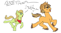 Size: 1000x555 | Tagged: safe, artist:pikokko, oc, oc only, oc:golden delicious, oc:seed seeker (syd), parent:applejack, parent:caramel, parents:carajack, species:earth pony, species:pony, kilalaverse, accessory swap, brother and sister, clothing, cowboy hat, duo, female, hat, interdimensional siblings, male, mare, missing cutie mark, neckerchief, offspring, personality swap, simple background, stallion, unshorn fetlocks, white background