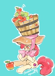 Size: 800x1100 | Tagged: safe, artist:wan, character:apple bloom, species:earth pony, species:pony, adorabloom, apple, apple basket, basket, blue background, bow, clothing, cute, female, filly, food, giant hat, hat, simple background, solo