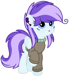 Size: 598x654 | Tagged: safe, artist:bezziie, oc, oc:lizzie, parents:oc x oc, species:pegasus, species:pony, clothing, earpiece, female, mare, offspring, parent:oc:cloudy, parent:oc:strawberry, simple background, solo, sweater, transparent background
