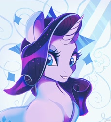 Size: 3200x3500 | Tagged: safe, artist:clockworkquartet, character:rarity, species:pony, species:unicorn, abstract background, bust, cutie mark, eyelashes, female, horn, looking at you, mare, portrait, pretty, smiling, solo, sparkles
