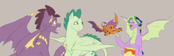 Size: 4745x1536 | Tagged: safe, artist:pikokko, oc, oc only, oc:fire agate, oc:jade, oc:jasper, oc:turquoise blitz, parent:rarity, parent:scootaloo, parent:spike, parent:twilight sparkle, parents:scootaspike, parents:sparity, parents:twispike, species:dracony, kilalaverse, pandoraverse, chips, eating, female, flying, food, gray background, half-siblings, hybrid, interdimensional siblings, interspecies offspring, male, offspring, open mouth, potato chips, simple background