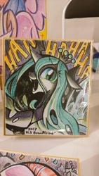 Size: 576x1024 | Tagged: safe, artist:akira bano, character:queen chrysalis, species:changeling, changeling queen, evil laugh, fangs, female, laughing, open mouth, solo, traditional art