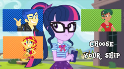 Size: 1024x575 | Tagged: safe, artist:jamesawilliams1996, edit, edited screencap, screencap, character:flash sentry, character:sunset shimmer, character:timber spruce, character:twilight sparkle, character:twilight sparkle (scitwi), species:eqg human, episode:text support, g4, my little pony: equestria girls, my little pony:equestria girls, choose your ship, geode of telekinesis, implied flashlight, implied lesbian, implied sciflash, implied scitwishimmer, implied shipping, implied straight, implied sunsetsparkle, implied timbertwi, magical geodes