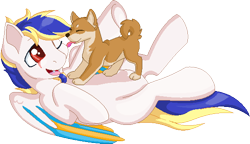 Size: 569x328 | Tagged: safe, artist:gleamydreams, oc, oc only, species:dog, species:pegasus, species:pony, colored wings, eye scar, fangs, licking, one eye closed, red eyes, scar, shiba inu, shibe, simple background, tongue out, transparent background, ych result