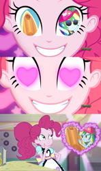 Size: 1280x2160 | Tagged: safe, artist:alphamonouryuuken, edit, edited screencap, screencap, character:pinkie pie, character:rainbow dash, species:human, episode:blue crushed (a.k.a baewatch), episode:coinky-dink world, eqg summertime shorts, g4, my little pony: equestria girls, my little pony:equestria girls, cargo ship, cute, dashabetes, discovery family logo, exploitable, gladys, he doesn't deserve you, heart eyes, meme, midriff, pinkie the shipper, pinkie's eyes, rainbowboard, shipper on deck, shipper pie, shipping, surfboard, wingding eyes