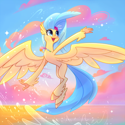Size: 800x800 | Tagged: safe, artist:meekcheep, character:princess skystar, species:classical hippogriff, species:hippogriff, g4, my little pony: the movie (2017), cloud, cute, female, flower, flower in hair, flying, freckles, happy, jewelry, looking up, necklace, open mouth, seashell necklace, sky, skyabetes, solo, splash, splashing, spread wings, water, wings
