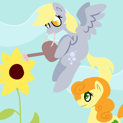 Size: 500x500 | Tagged: safe, artist:robynne, character:carrot top, character:derpy hooves, character:golden harvest, species:earth pony, species:pegasus, species:pony, female, gardening, lineless, sunflower