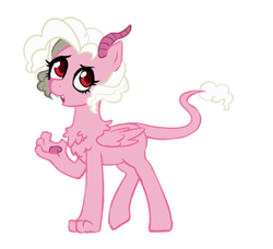 Size: 857x783 | Tagged: safe, artist:pikokko, oc, oc only, parent:discord, parent:pinkie pie, parents:discopie, species:draconequus, chest fluff, draconequus oc, fangs, female, interspecies offspring, offspring, paws, simple background, solo, underpaw, white background