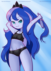 Size: 1152x1584 | Tagged: safe, artist:drantyno, character:princess luna, character:vice principal luna, my little pony:equestria girls, armpits, belly button, black underwear, bra, breasts, brushing, clothing, crop top bra, female, frilly underwear, looking at you, panties, ribbon, small breasts, smiling, solo, underwear, vice principal luna, younger