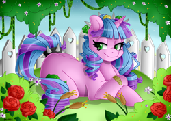 Size: 1600x1131 | Tagged: safe, artist:sk-ree, oc, oc:ivy lush, species:pony, species:unicorn, female, fence, flower, mare, prone, rose, solo