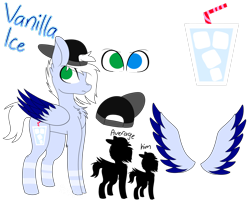 Size: 1024x830 | Tagged: safe, artist:tomboygirl45, oc, oc:vanilla ice, species:pegasus, species:pony, backwards ballcap, baseball cap, bendy straw, cap, clothing, drinking straw, hat, heterochromia, male, reference sheet, simple background, soda, solo, stallion, straw, transparent background, two toned wings