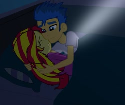 Size: 975x819 | Tagged: safe, artist:majkashinoda626, character:flash sentry, character:sunset shimmer, ship:flashimmer, my little pony:equestria girls, bed, darkness, female, hug, in bed, male, nightmare, pillow, shipping, straight