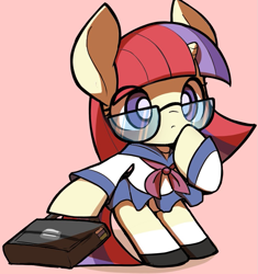 Size: 943x1004 | Tagged: safe, artist:ccc, character:moondancer, species:pony, species:unicorn, briefcase, clothing, cute, dancerbetes, female, glasses, looking at you, mare, pink background, school uniform, simple background, skirt, solo