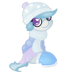 Size: 500x500 | Tagged: dead source, safe, artist:robynne, character:cotton cloudy, species:pegasus, species:pony, boots, clothing, female, filly, hat, jacket, scarf, shoes, simple background, sitting, smiling, solo, transparent background, wingding eyes