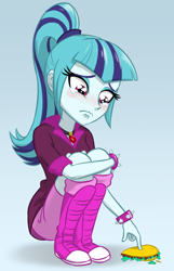 Size: 670x1040 | Tagged: safe, artist:ta-na, character:sonata dusk, my little pony:equestria girls, crying, cute, dropped food, female, food, gem, gradient background, ponytail, sad, siren gem, solo, sonatabetes, sonataco, spiked wristband, squatting, taco, that girl sure loves tacos, wristband