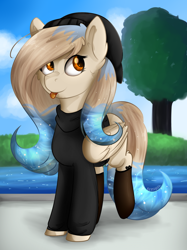 Size: 900x1206 | Tagged: safe, artist:deraniel, oc, oc only, species:pegasus, species:pony, clothing, female, grass, hat, mare, nature, sky, solo, stockings, summer, thigh highs, water