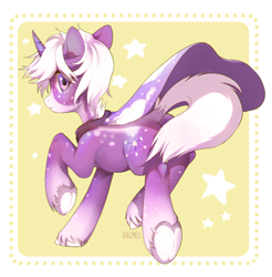 Size: 1854x1882 | Tagged: safe, artist:dagmell, oc, oc only, species:pony, species:unicorn, chromatic aberration, female, looking at you, looking back, looking back at you, mantle, mare, purple eyes, solo, strategically covered, tail censor, underhoof, unshorn fetlocks, white hair