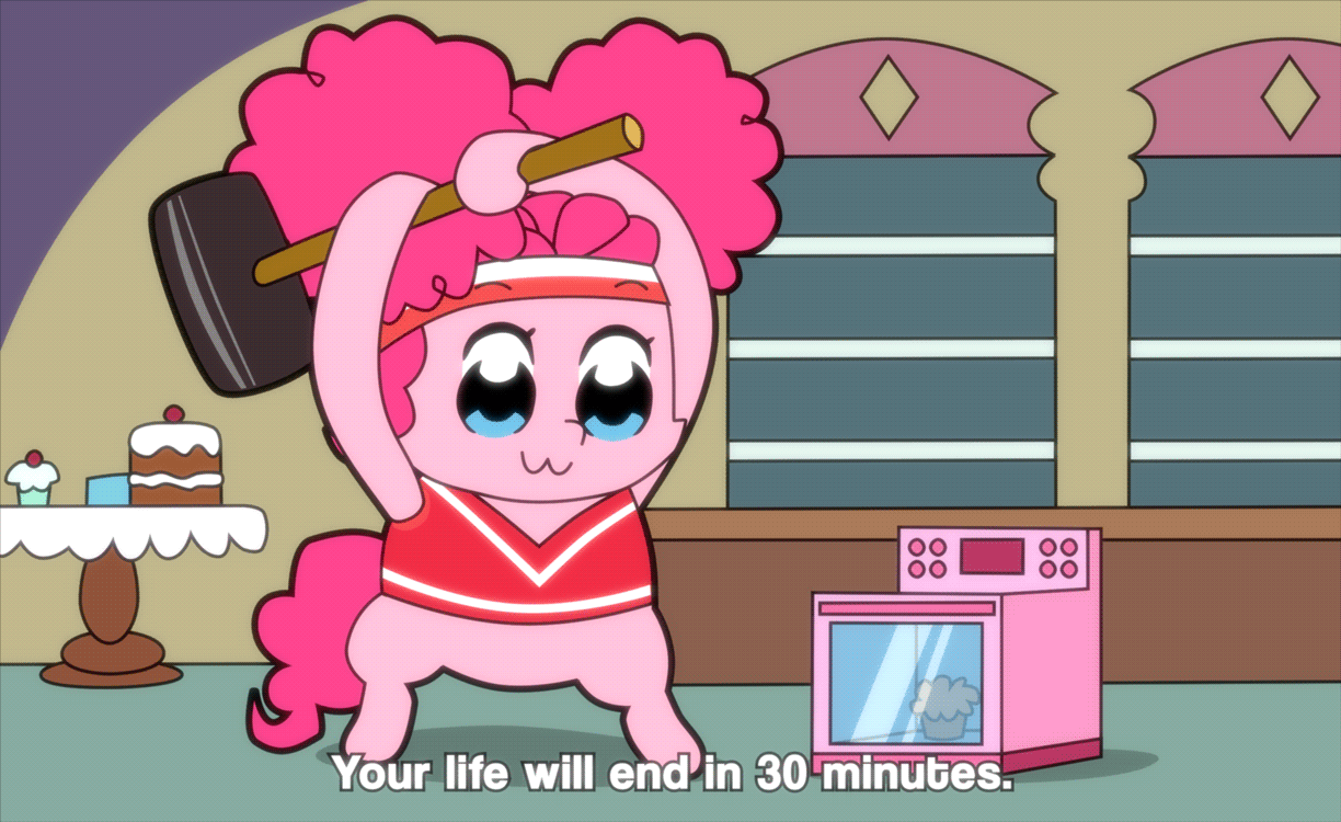 Size: 1224x750 | Tagged: safe, artist:omegaozone, character:pinkie pie, :3, animated, cute, female, food, hammer, muffin, oven, pop team epic