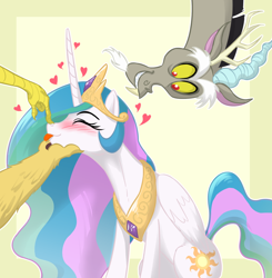 Size: 930x950 | Tagged: safe, artist:ta-na, character:discord, character:princess celestia, species:alicorn, species:draconequus, species:pony, ship:dislestia, behaving like a dog, blep, blushing, boop, crown, cute, cutelestia, discute, eyes closed, facial hair, female, goatee, heart, jewelry, male, mare, regalia, shipping, silly, straight, tongue out