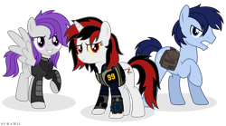 Size: 9700x5401 | Tagged: safe, artist:sgtsanttu, artist:suramii, oc, oc only, oc:blackjack, oc:morning glory (project horizons), oc:p-21, fallout equestria, fallout equestria: project horizons, absurd resolution, alternate hairstyle, clothing, pipbuck, raised hoof, saddle bag, simple background, transparent background, trio
