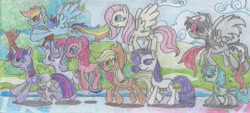 Size: 2482x1121 | Tagged: safe, artist:nephilim rider, character:applejack, character:fluttershy, character:pinkie pie, character:rainbow dash, character:rarity, character:spike, character:starlight glimmer, character:twilight sparkle, character:twilight sparkle (alicorn), oc, oc:heaven lost, oc:sparkbolt, species:alicorn, species:pony, mane six, traditional art, tree