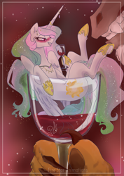 Size: 1253x1770 | Tagged: safe, alternate version, artist:candasaurus, character:discord, character:princess celestia, species:alicorn, species:pony, alcohol, blushing, cup of pony, drunk, drunklestia, ear piercing, earring, female, glass, grin, heart eyes, horn jewelry, horn ring, jewelry, magnetic hooves, mare, micro, necklace, piercing, red background, red wine, simple background, smiling, wine, wine glass, wingding eyes