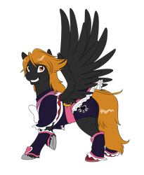 Size: 1000x1222 | Tagged: safe, artist:kourabiedes, species:pegasus, species:pony, bike shorts, clothing, cure black, cutie mark on clothes, female, grin, looking at you, ponified, pretty cure, simple background, skirt, smiling, socks, solo, transparent background