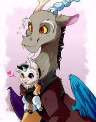 Size: 823x1050 | Tagged: safe, artist:hikariviny, character:discord, oc, oc:chaotic, parent:discord, parent:princess celestia, parents:dislestia, species:draconequus, baby, blep, cheek fluff, chest fluff, cute, discute, ear fluff, father and son, fluffy, happy, heart, heterochromia, hybrid, interspecies offspring, like father like son, male, mlem, neck fluff, ocbetes, offspring, silly, smiling, sparkles, tongue out