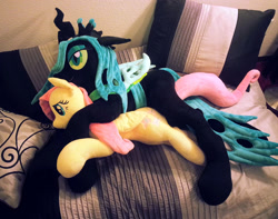 Size: 1715x1350 | Tagged: safe, artist:agatrix, artist:blackwater627, character:fluttershy, character:queen chrysalis, species:changeling, species:pegasus, species:pony, ship:chrysashy, bed, cuddling, female, irl, lesbian, lying down, on side, photo, plushie, shipping, spooning
