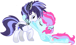 Size: 1024x620 | Tagged: safe, artist:bezziie, base used, oc, oc only, oc:cloudy, oc:strawberry pie, species:pegasus, species:pony, female, kissing, male, mare, simple background, stallion, straight, transparent background, two toned wings