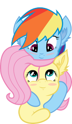 Size: 1658x2850 | Tagged: safe, artist:karanakia, artist:silentmatten, character:fluttershy, character:rainbow dash, species:pegasus, species:pony, ship:flutterdash, .ai available, .zip file at source, blush sticker, blushing, female, hug, hug from behind, lesbian, looking at each other, mare, shipping, simple background, smiling, transparent background, vector