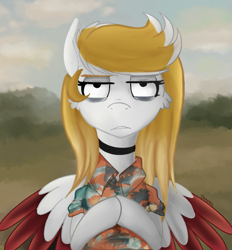 Size: 811x873 | Tagged: safe, artist:deraniel, oc, oc:silver hush, species:pegasus, species:pony, bags under eyes, clothing, female, hooves together, mare, outdoors, tired