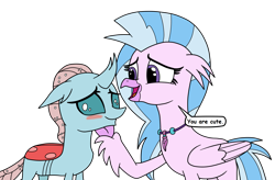 Size: 1727x1135 | Tagged: safe, artist:eagc7, character:ocellus, character:silverstream, species:changeling, species:classical hippogriff, species:hippogriff, species:reformed changeling, ship:ocellustream, blushing, cute, dialogue, diaocelles, diastreamies, eye contact, female, floppy ears, interspecies, lesbian, looking at each other, open mouth, shipping, simple background, smiling, text, transparent background, truth