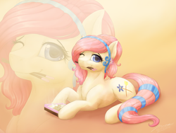 Size: 1024x768 | Tagged: safe, artist:novaintellus, oc, oc only, oc:bloom flower, species:earth pony, species:pony, bento, chest fluff, chopsticks, commission, egg (food), female, food, gradient background, headband, looking at you, lying down, mare, mouth hold, noodles, one eye closed, prone, ramen, smiling, solo, tail band, tofu (food), wink, zoom layer