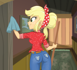 Size: 900x820 | Tagged: safe, artist:ta-na, character:applejack, episode:five to nine, g4, my little pony: equestria girls, my little pony:equestria girls, applebutt, ass, broom, clothing, female, jeans, pants, shirt, solo