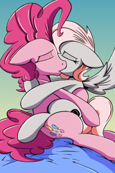 Size: 1802x2706 | Tagged: safe, artist:cabrony, artist:justanotherponyartblog, character:pinkie pie, oc, oc:violet, species:pony, canon x oc, collaboration, female, just another pony art blog, kissing, lesbian, making out, mare, mare on mare