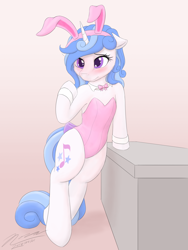 Size: 1024x1365 | Tagged: safe, artist:novaintellus, oc, oc only, oc:melodia, species:pony, blushing, bunny ears, bunny suit, clothing, cute, female, leotard, mare, shy, solo